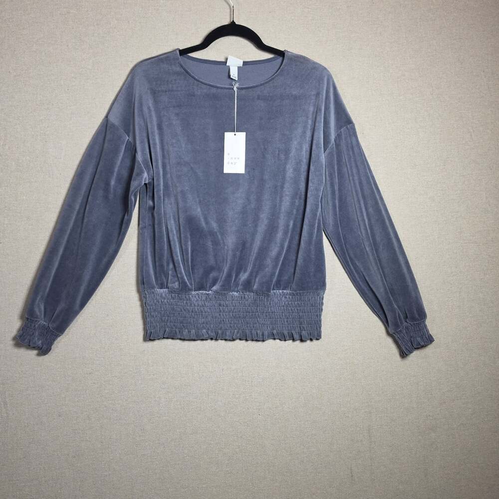 A New Day Women S Velour Pullover Top Long Sleeve Elastic Waist Wrist Slate Gray